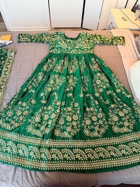 Green Embroidered Maxi Anarkali Dress with Gold Floral Motif